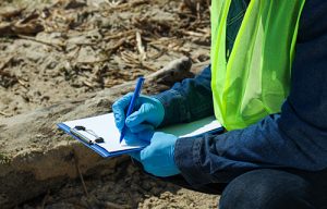 man examines pollution reservoir takes notes